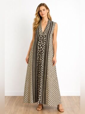 World Market 100% Cotton Black & Beige Sleeveless Maxi Dress S/M Boho Lagenlook